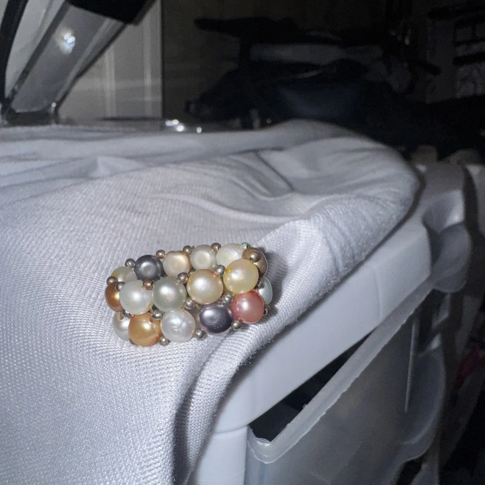White, Brown, Black & Gray +Two-strand Freshwater Pearl Stretch Ring‎ 1/2 Inch W